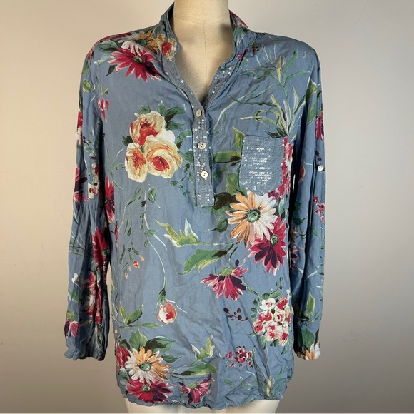 ❤️ Floral Made in Italy 🇮🇹 Button-Up Blouse - Blue L - Picture 1 of 10